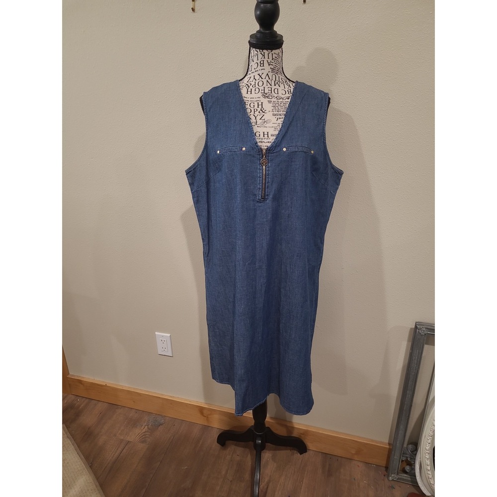 Anne Klein Chambray Dress Women SZ 16 dk wash sleeveless V neck Zip casual vaca